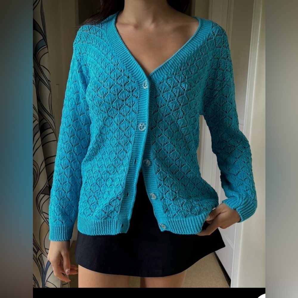 Donna Toran Turquoise Open-Knit Cardigan – Size M. EUC
